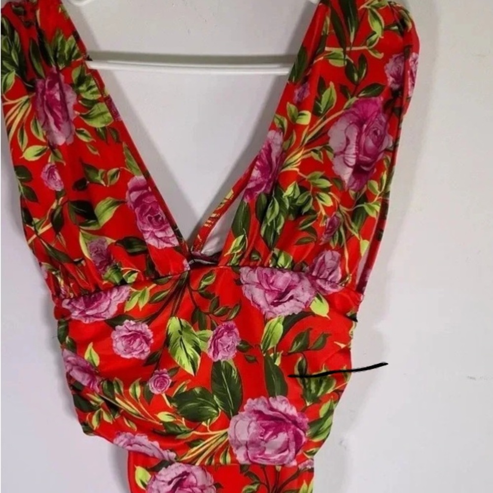 Zara Red Floral V-Neck Bodysuit with Pink & Green Print
